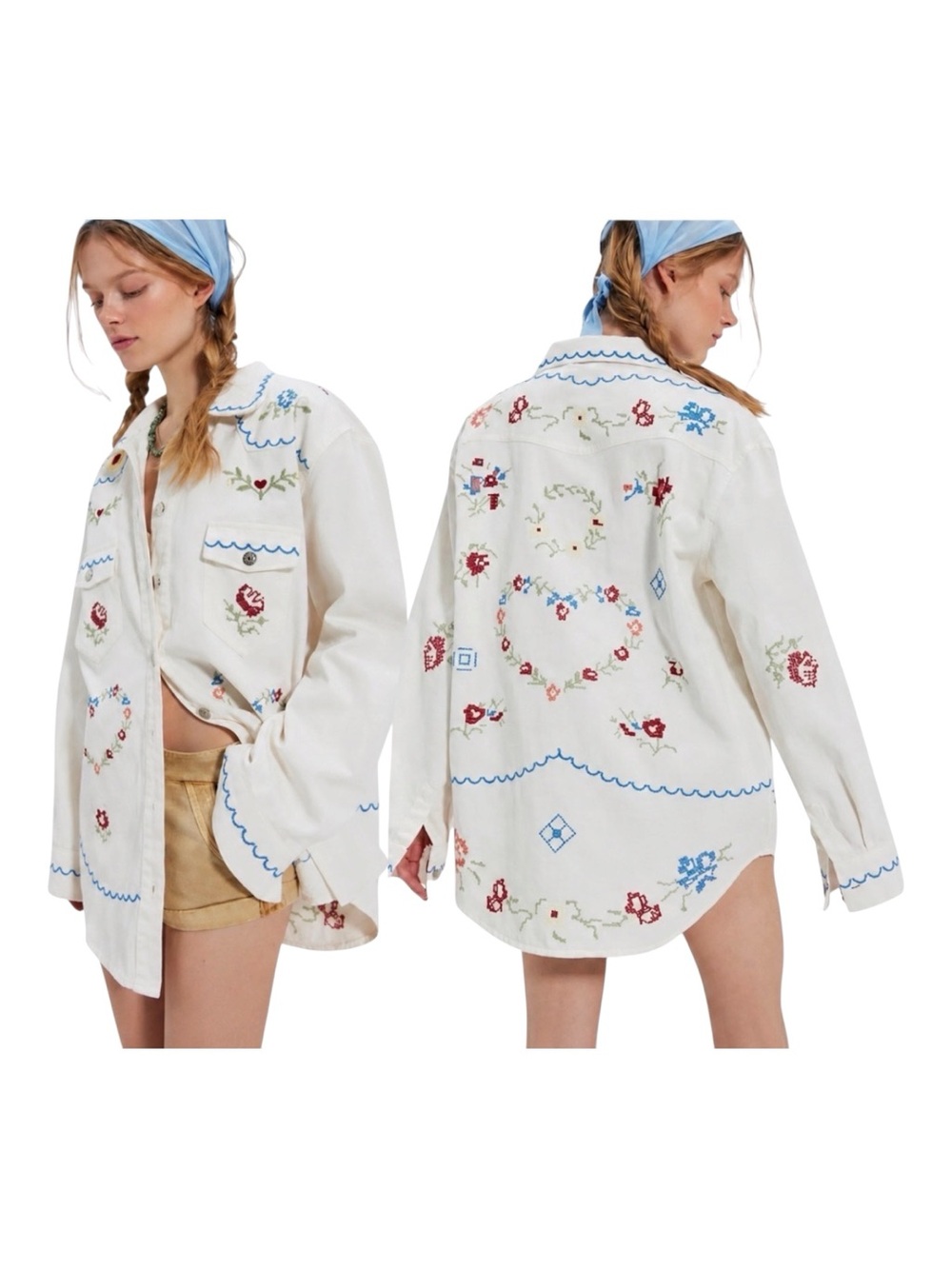Free People x Denim & Bone Embroidered Heart Oversized Button Down NWT